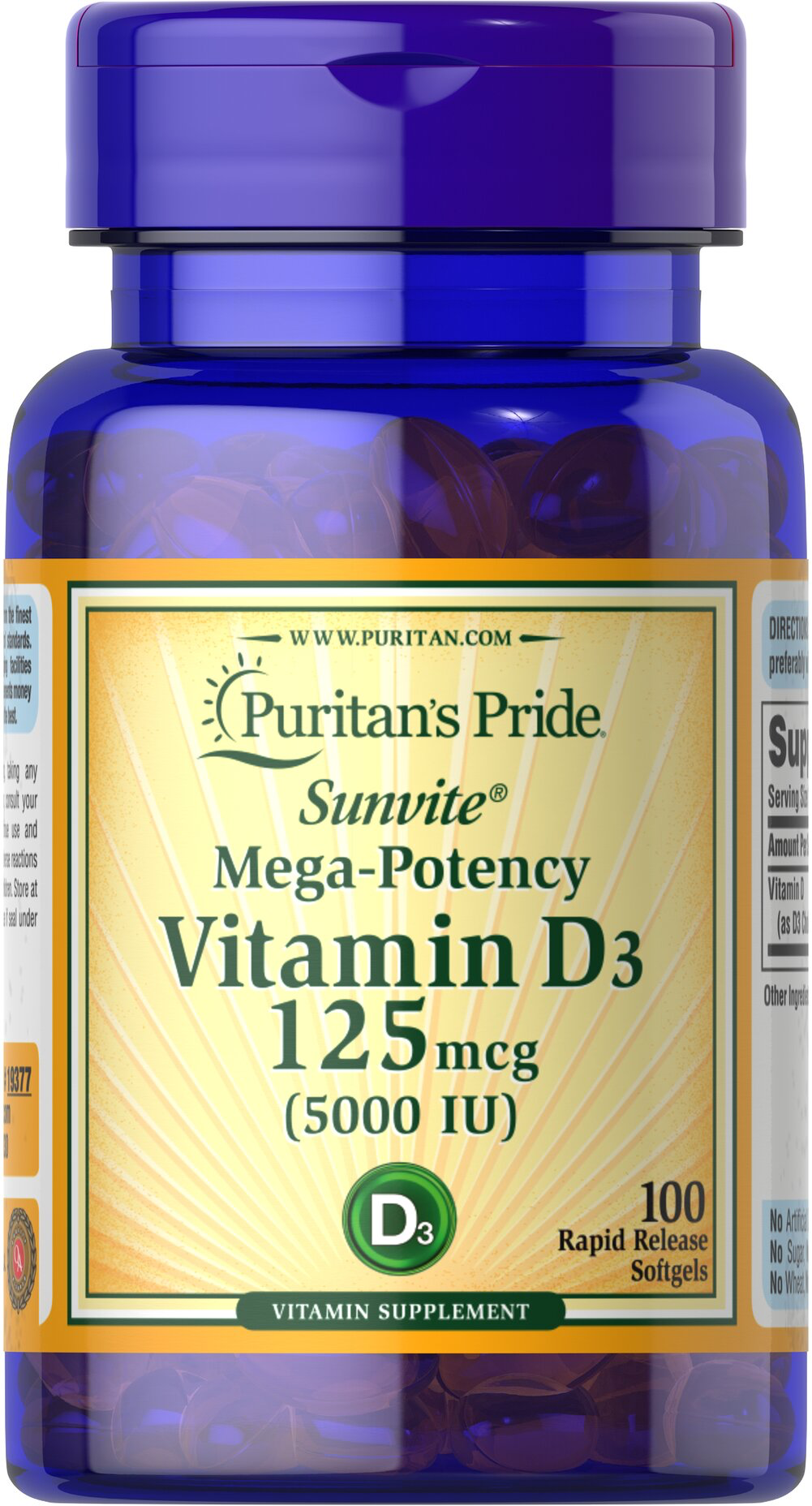 Puritan’s pride mega-potency vitamin D3 125mcg (5000IU) 100 softgels
